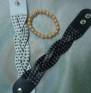 Fashion Style Rivet Embellished PU Bangle Black, White and Pearl Bracelet