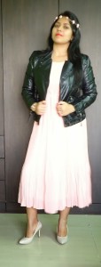 OOTD: Coral Pleated Dress, Leather Jacket, how to wear a leather jacket with a maxi dress
