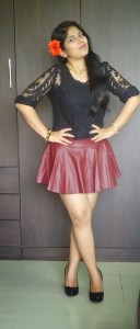 OOTD: Black Crochet Lace Top, Wine Leather Pleated Skirt, Indian fashion blog