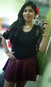 OOTD: Black Crochet Lace Top, Wine Leather Pleated Skirt, Indian fashion blog