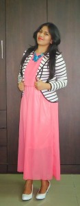 OOTD: Coral Pink Maxi Dress, Black- White Striped Jacket