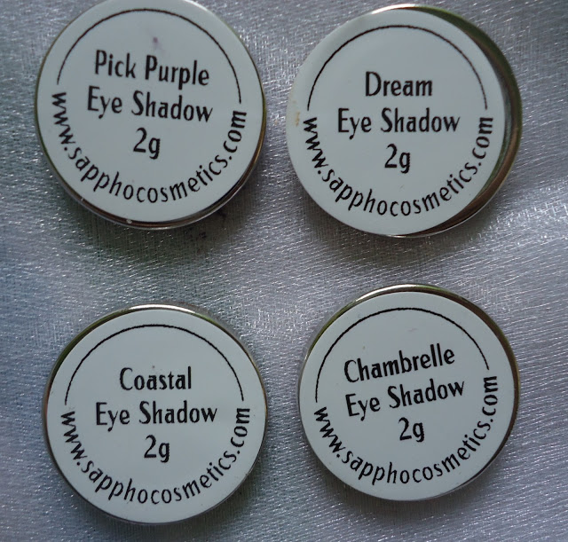 Sappho Cosmetics Pressed Eye Shadows Dream, Chambrelle, Coastal, Pick Purple Review, Swatches